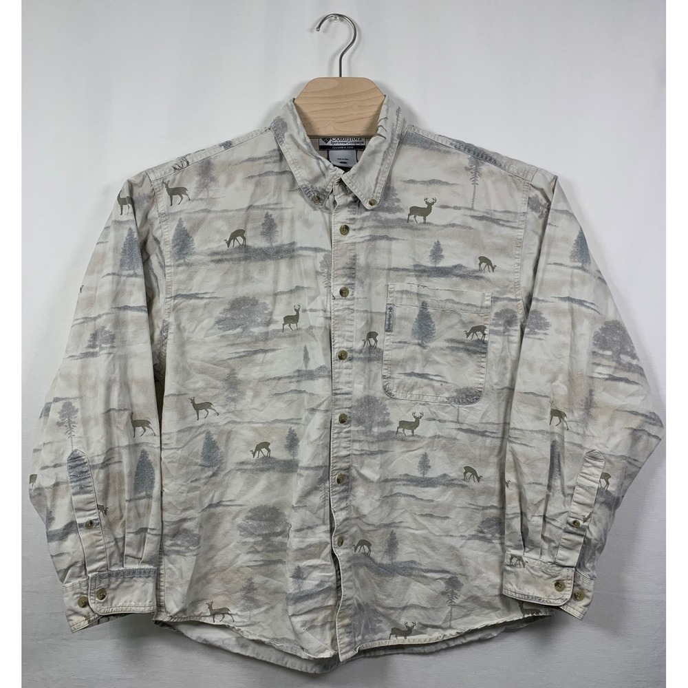 Columbia Mens Deer Scenic Print Button Down Shirt AM7012 Tan Long Sleeve Large